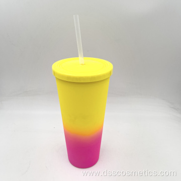 hot sale 22oz/650ml/24oz plastic Double Wall tumbler with color change tumbler with straw